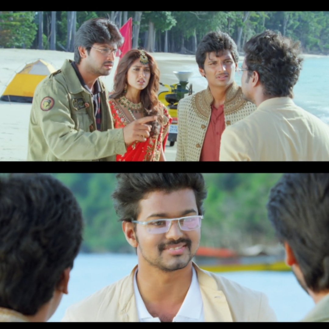 Nanban meme template with Panchavan "Pari" Pariventhan/Kosaksi "Pappu" Pasapugazh (Vijay) with Sevarkodi Senthil (Jiiva) with Venkat Ramakrishnan (Srikanth) with Ria Santhanam (Ileana D'Cruz) with Srivatsan (Silencer) (Sathyan Sivakumar)