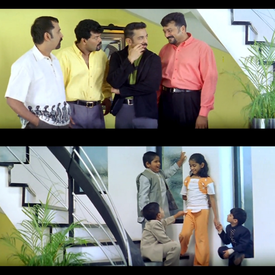 Panchatanthiram meme template with Ramachandramurthy (Kamal Haasan) with Iyappan Nair (Jayaram) with Ganesh (Ramesh Aravind) with Hanumanth Reddy (Sriman)