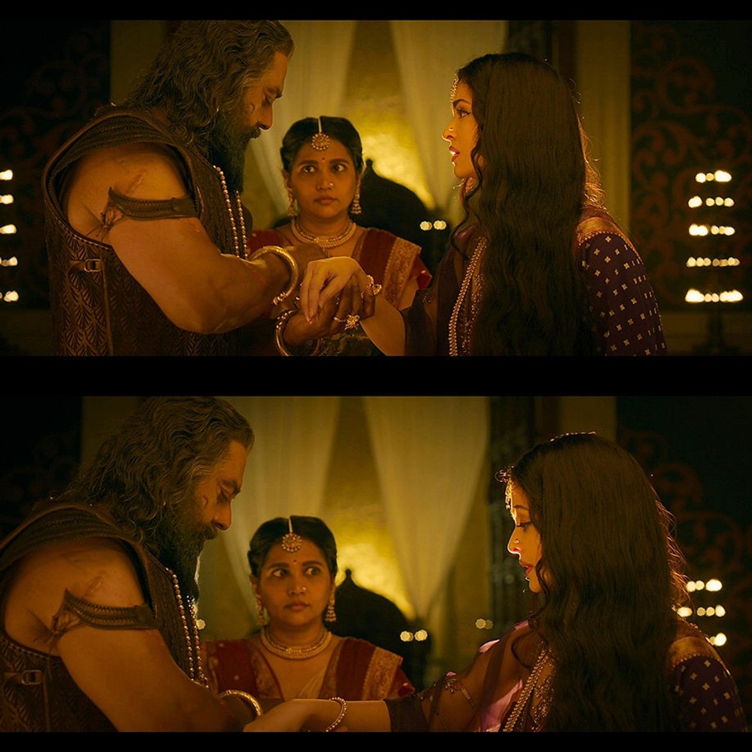 Ponniyin Selvan: Part II meme template with Periya Pazhuvettarayar (R. Sarathkumar) with Nandini / Mandakini Devi (Aishwarya Rai Bachchan)