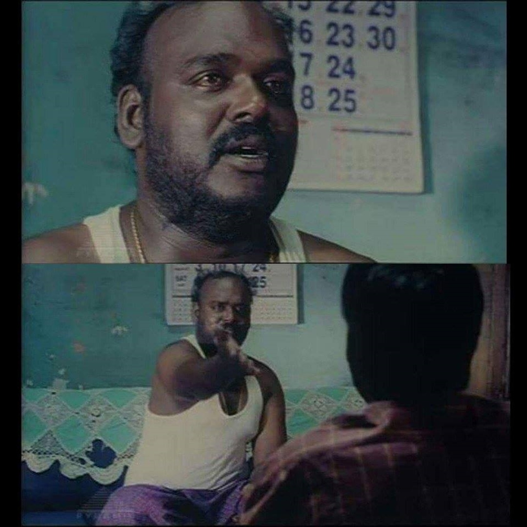 Pudhupettai meme template with Thamizhselvan (N. Azhagamperumal) with 'Kokki' Kumar (Dhanush)