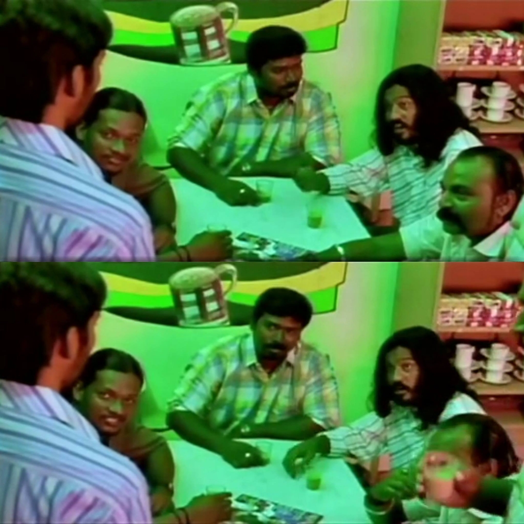 Pudhupettai meme template with Thamizhselvan (N. Azhagamperumal) with 'Kokki' Kumar (Dhanush)