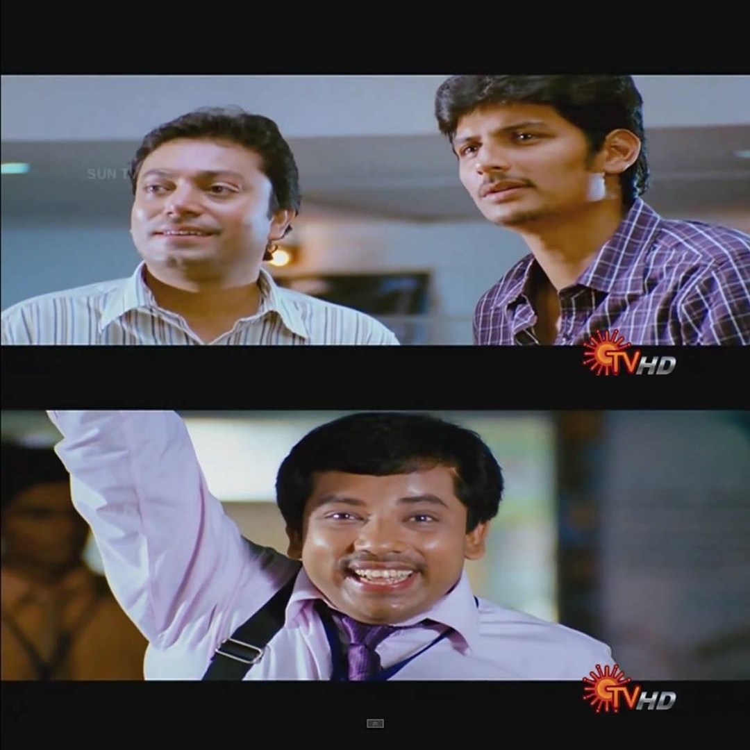 Rowthiram meme template with Shiva (Jiiva) with Ramanujam (Sathyan Sivakumar)