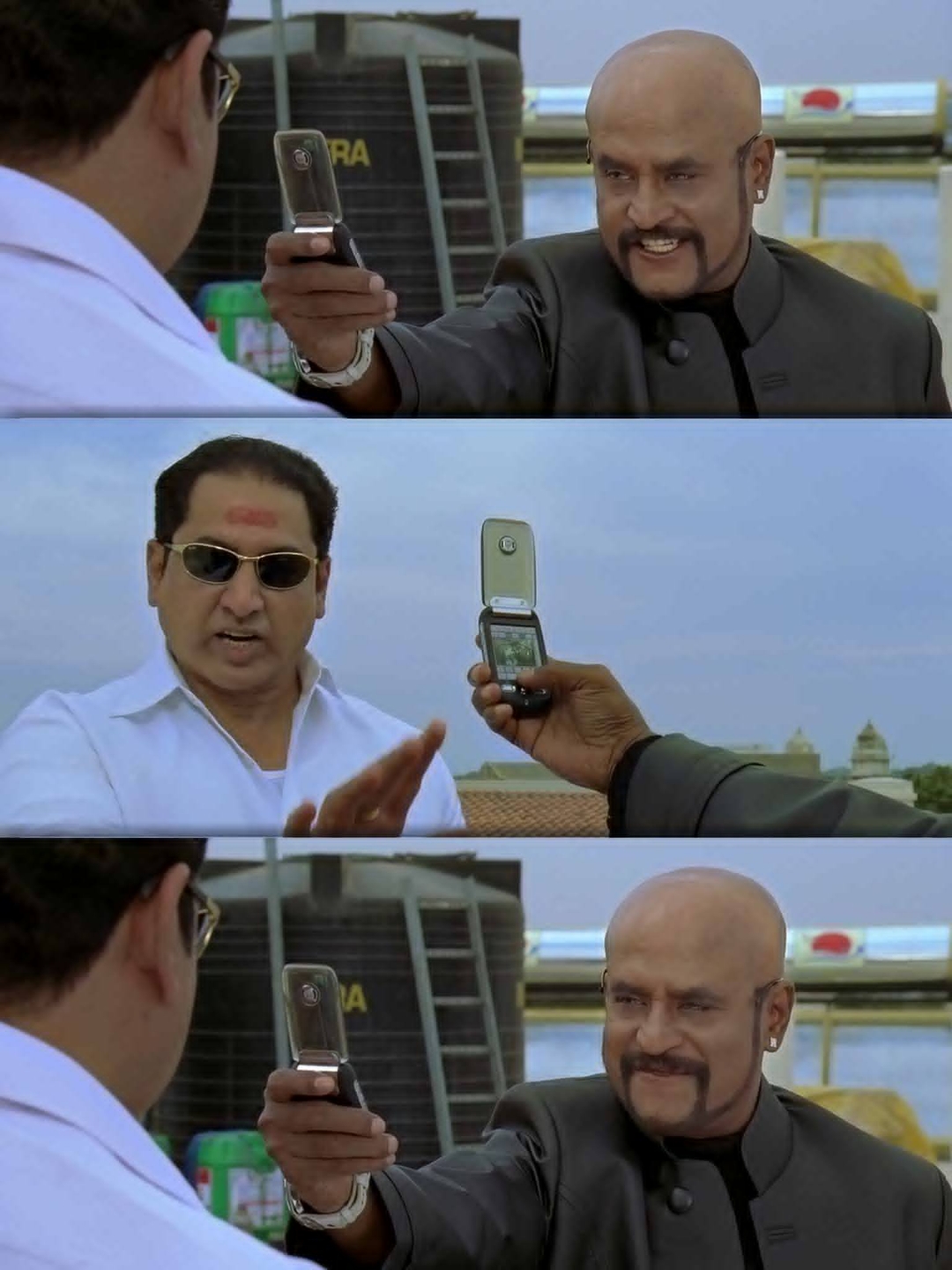 Sivaji: The Boss meme template with Sivaji Arumugam (Rajinikanth) with Arivu (Vivek)