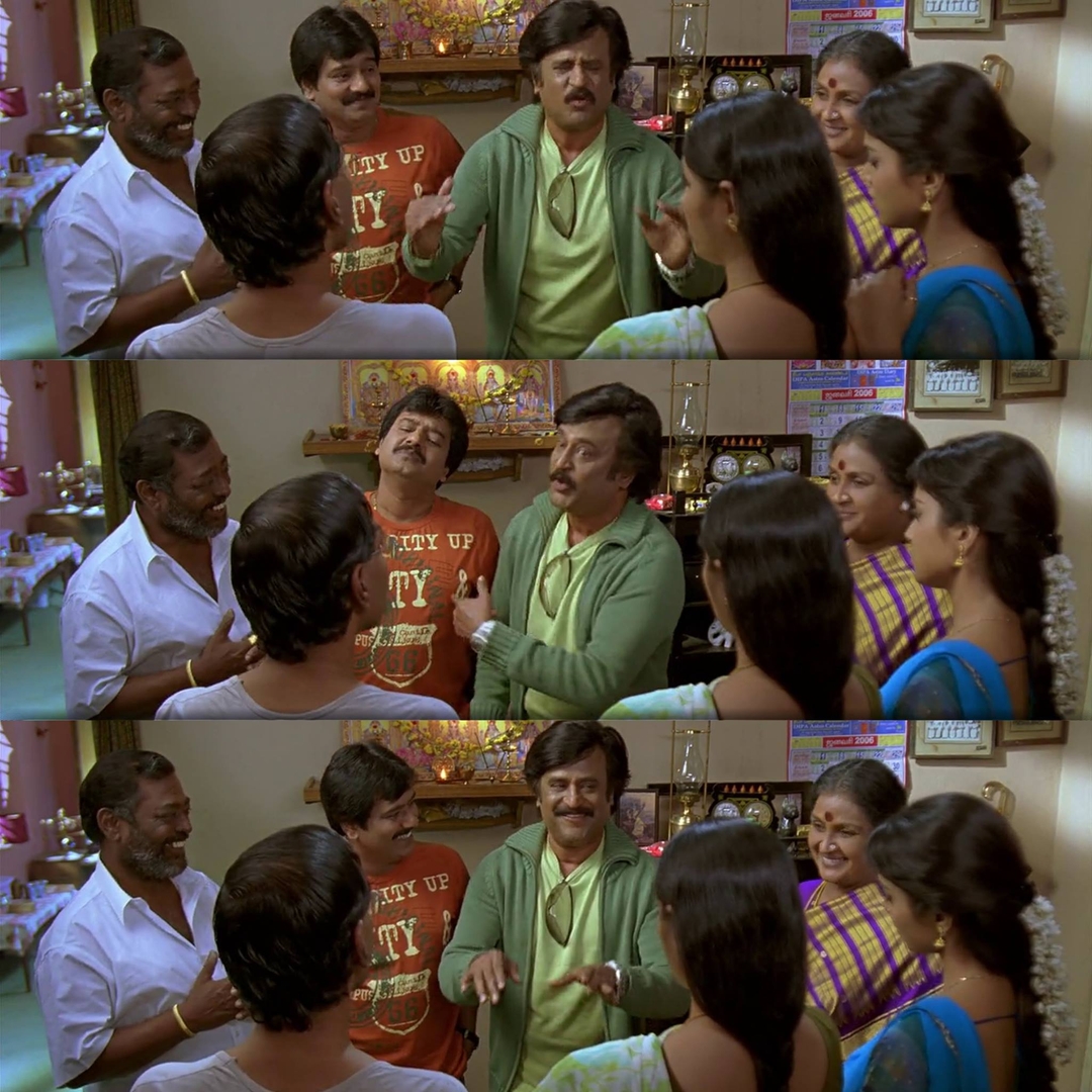 Sivaji: The Boss meme template with Sivaji Arumugam (Rajinikanth) with Arivu (Vivek)