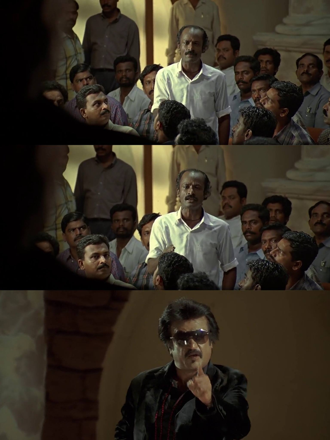 Sivaji: The Boss meme template with Sivaji Arumugam (Rajinikanth) with Arivu (Vivek)