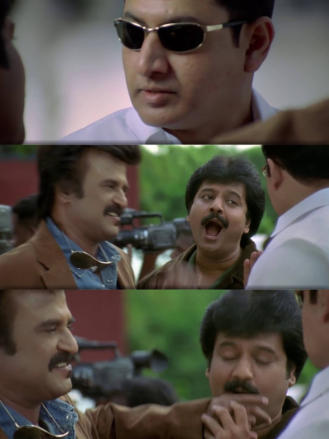 Sivaji: The Boss meme template with Sivaji Arumugam (Rajinikanth) with Arivu (Vivek)