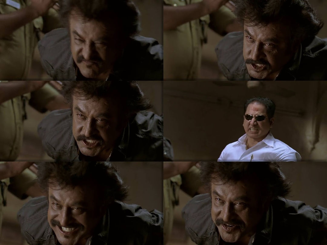 Sivaji: The Boss meme template with Sivaji Arumugam (Rajinikanth) with Adisheshan (Suman Talwar)