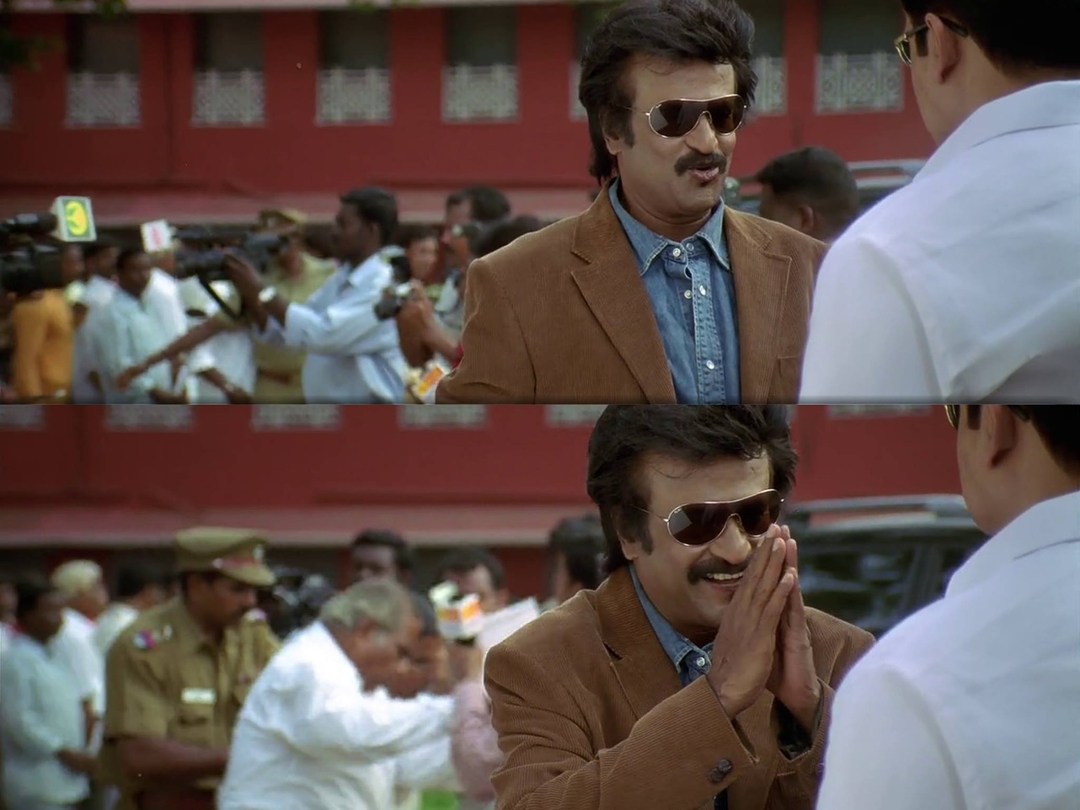 Sivaji: The Boss meme template with Sivaji Arumugam (Rajinikanth) with Arivu (Vivek)