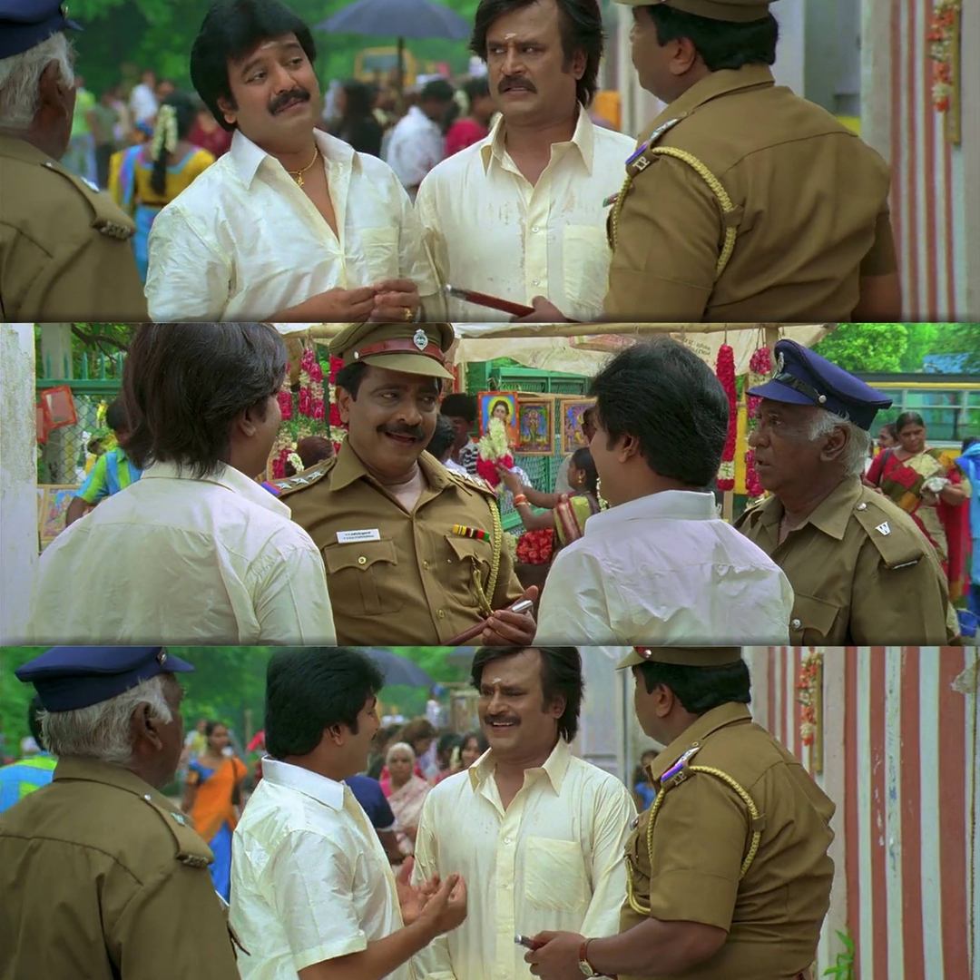 Sivaji: The Boss meme template with Sivaji Arumugam (Rajinikanth) with Arivu (Vivek)