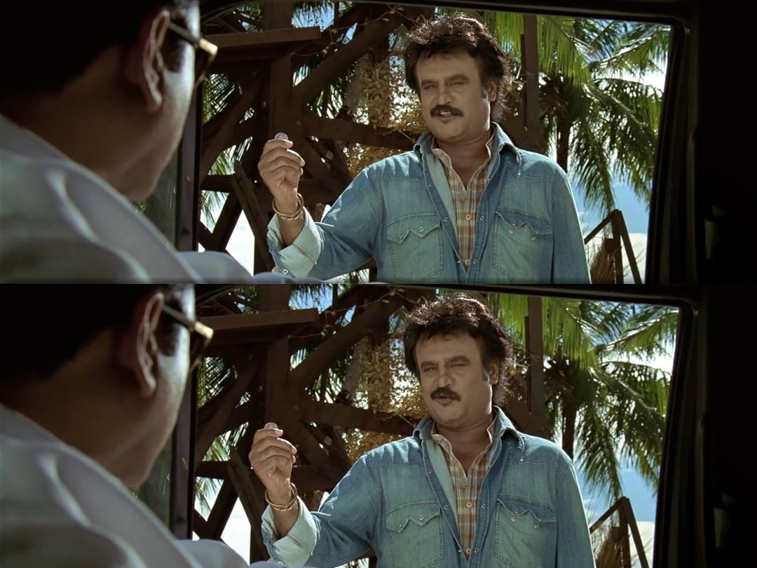 Sivaji: The Boss meme template with Sivaji Arumugam (Rajinikanth) with Arivu (Vivek)