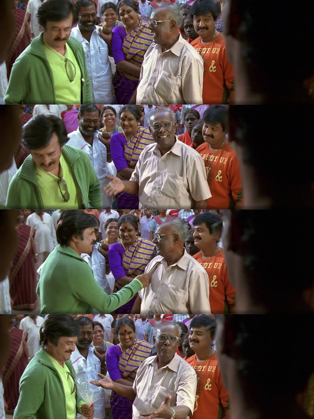 Sivaji: The Boss meme template with Sivaji Arumugam (Rajinikanth) with Arivu (Vivek)