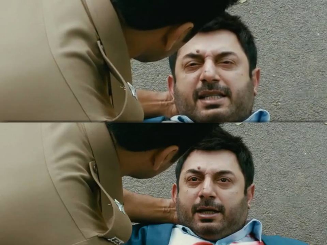 Thani Oruvan meme template with Mithran IPS (Jayam Ravi) with Dr. Siddharth Abhimanyu (Arvind Swamy)