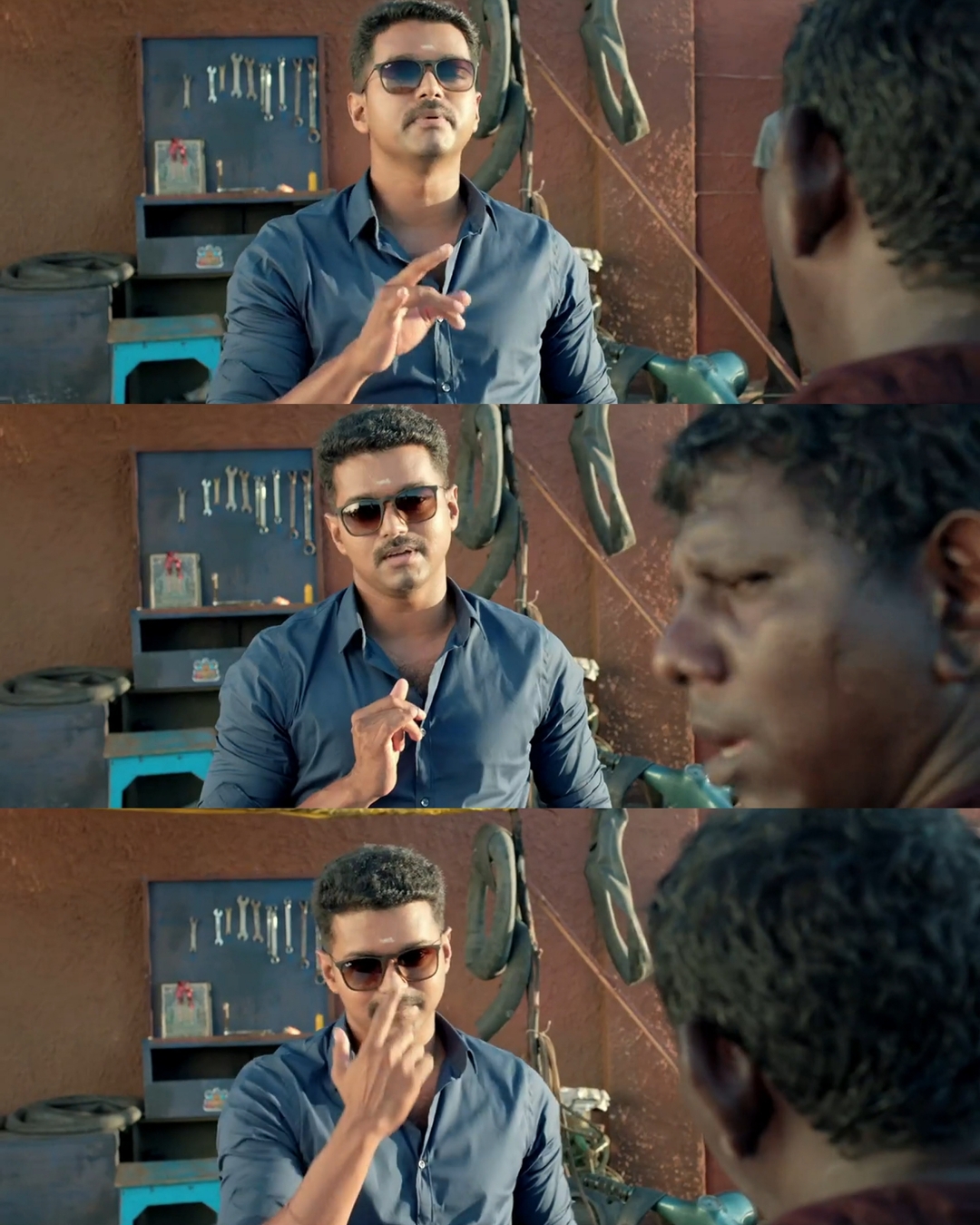 Theri meme template with Joseph Kuruvilla/Vijay Kumar/ Dharmeshwar (Vijay) with Rogue (Boxer Dheena)