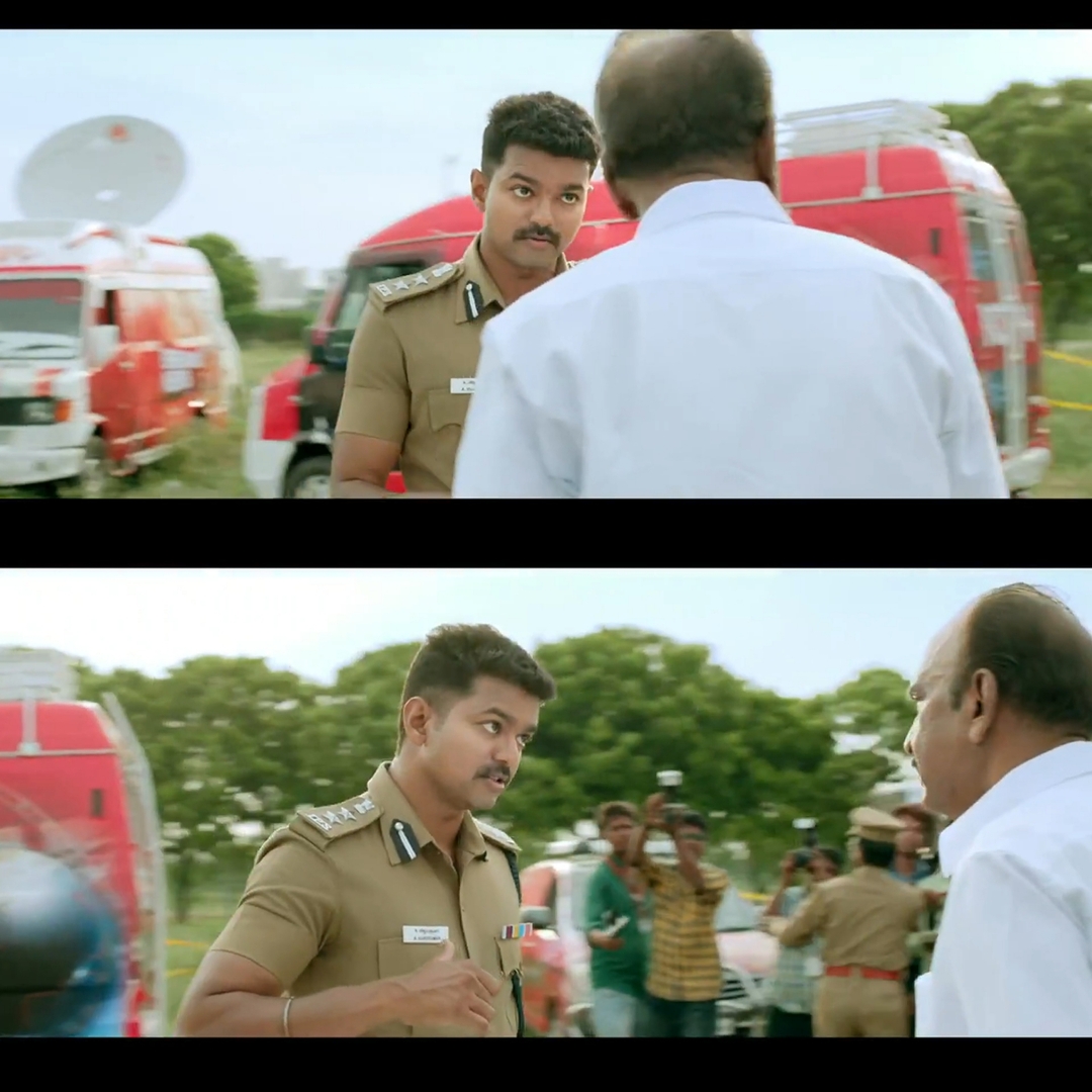 Theri meme template with Joseph Kuruvilla/Vijay Kumar/ Dharmeshwar (Vijay) with Minister Vanamamalai (J. Mahendran)