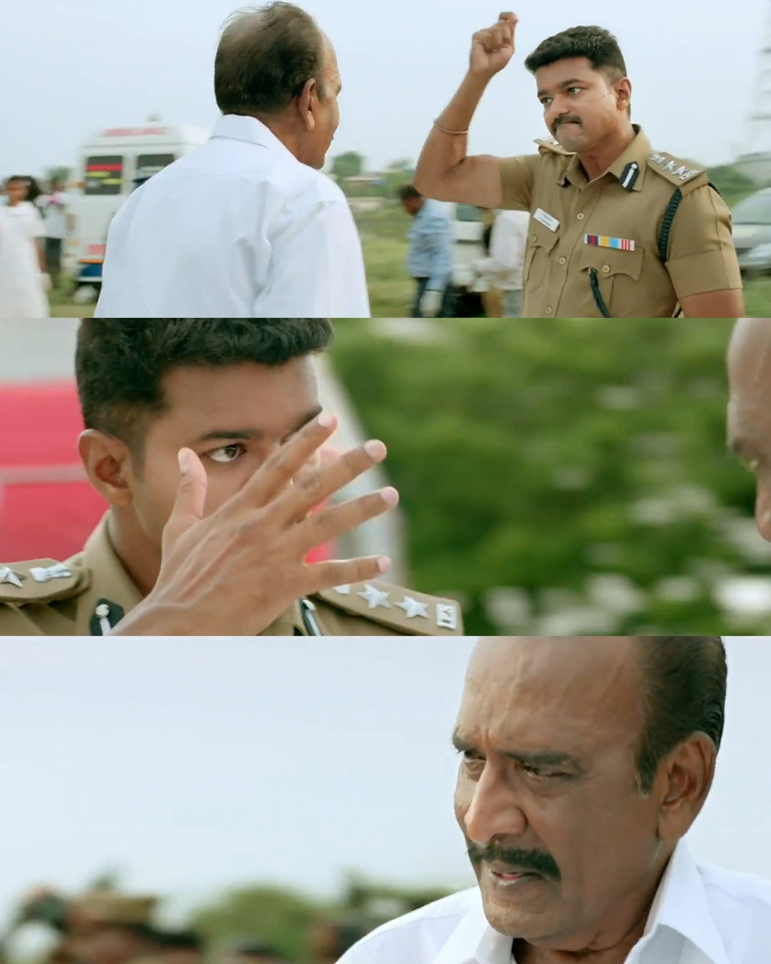 Theri meme template with Joseph Kuruvilla/Vijay Kumar/ Dharmeshwar (Vijay) with Minister Vanamamalai (J. Mahendran)