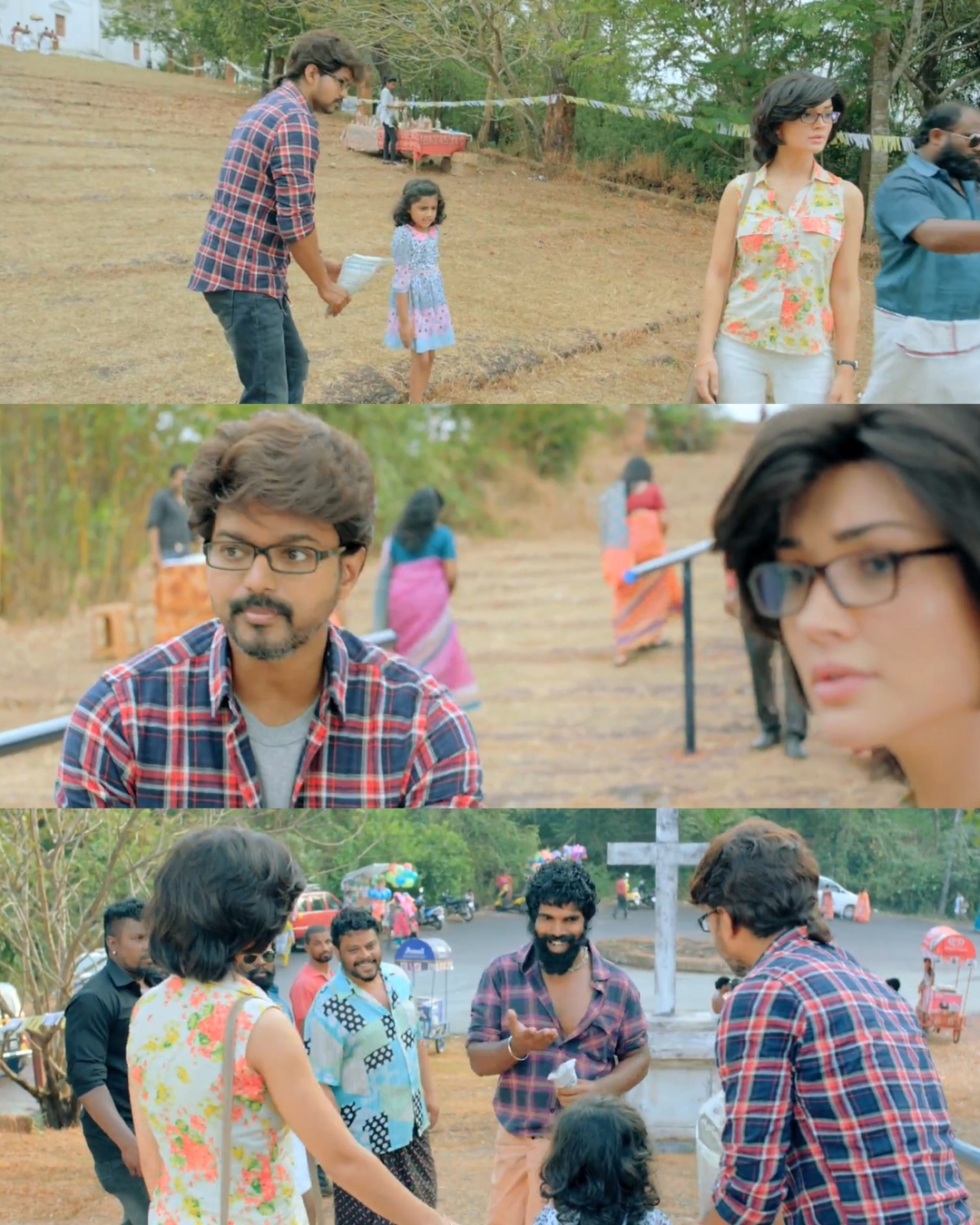 Theri meme template with Joseph Kuruvilla/Vijay Kumar/ Dharmeshwar (Vijay) with Annie (Amy Jackson) with Nivi (Nainika) with Chetan's henchman (Bineesh Bastin)