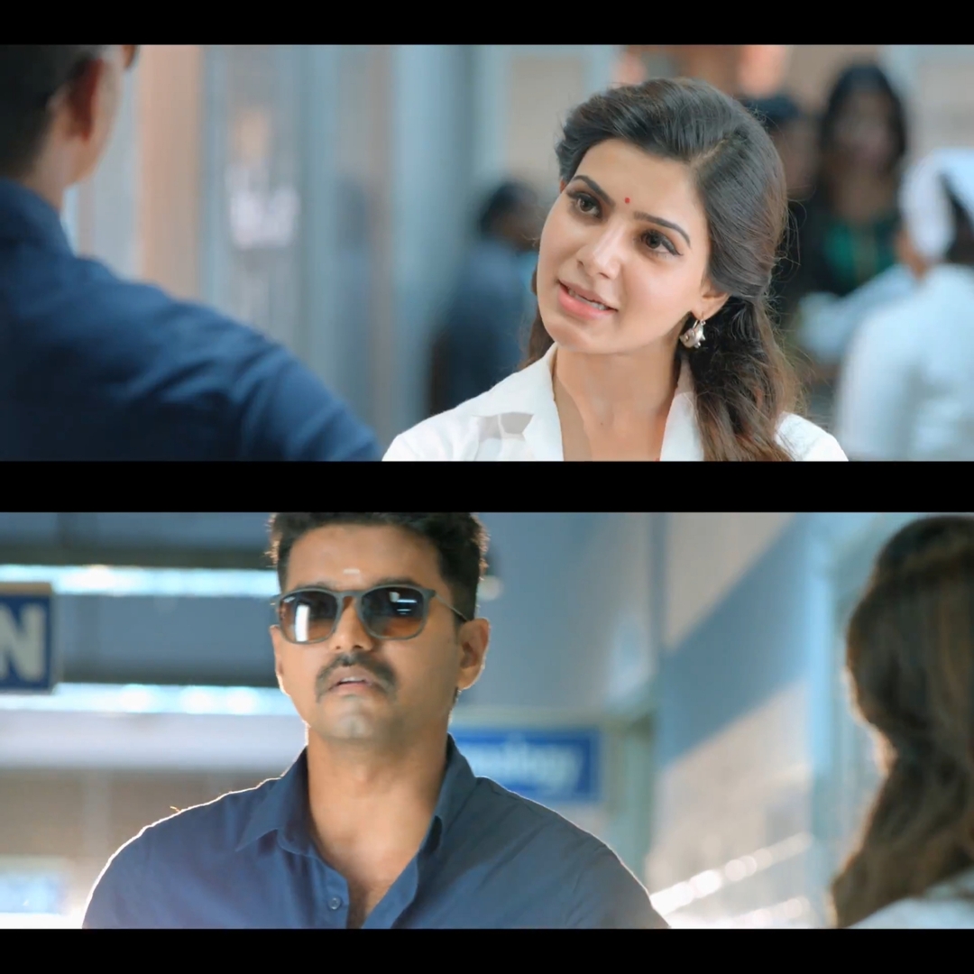 Theri meme template with Joseph Kuruvilla/Vijay Kumar/ Dharmeshwar (Vijay) with Mithra (Samantha Ruth Prabhu)