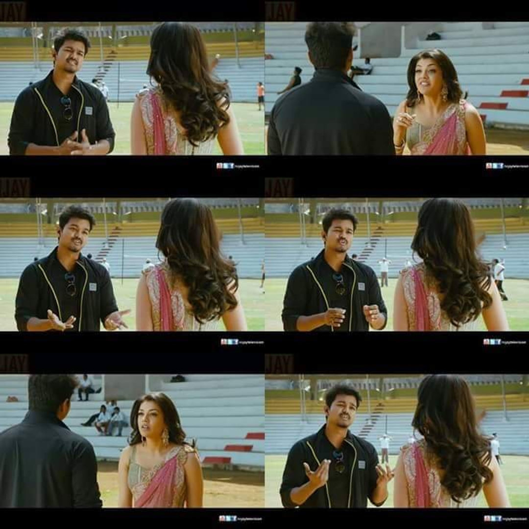 Thuppakki meme template with Jagadish (Vijay) with Nisha (Kajal Agarwal)