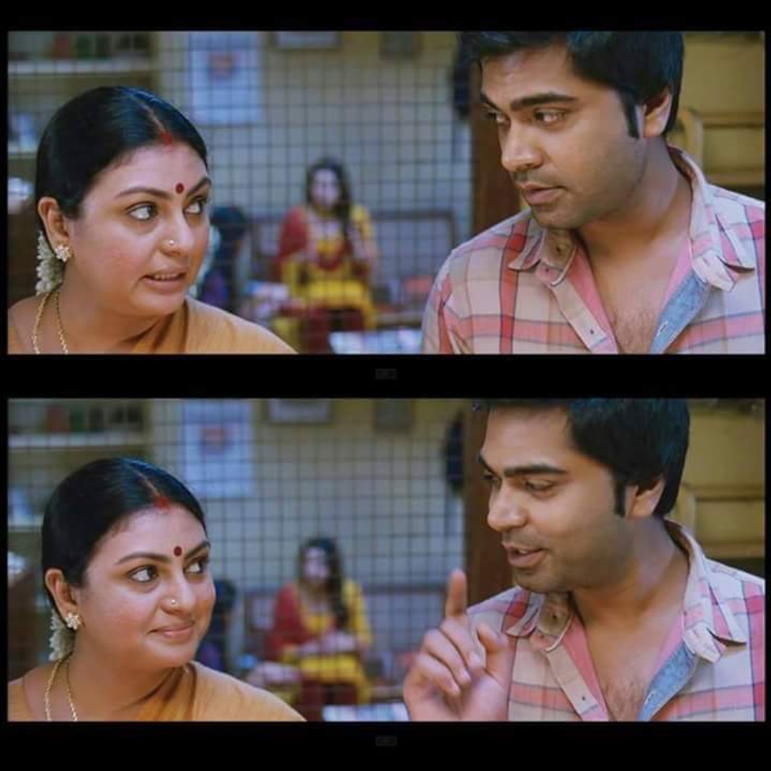 Vaalu meme template with Sharp (Silambarasan) with Sharp's mother (Sriranjini) with Tyre (Santhanam)