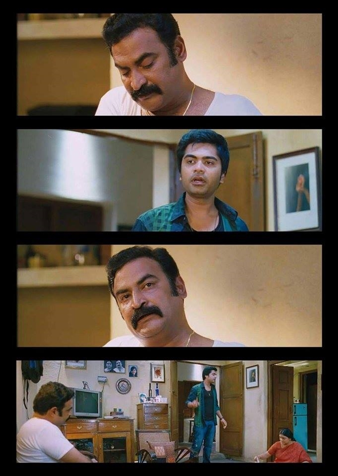 Vaalu meme template with Sharp (Silambarasan) with Sharp's mother (Sriranjini) with Tyre (Santhanam)