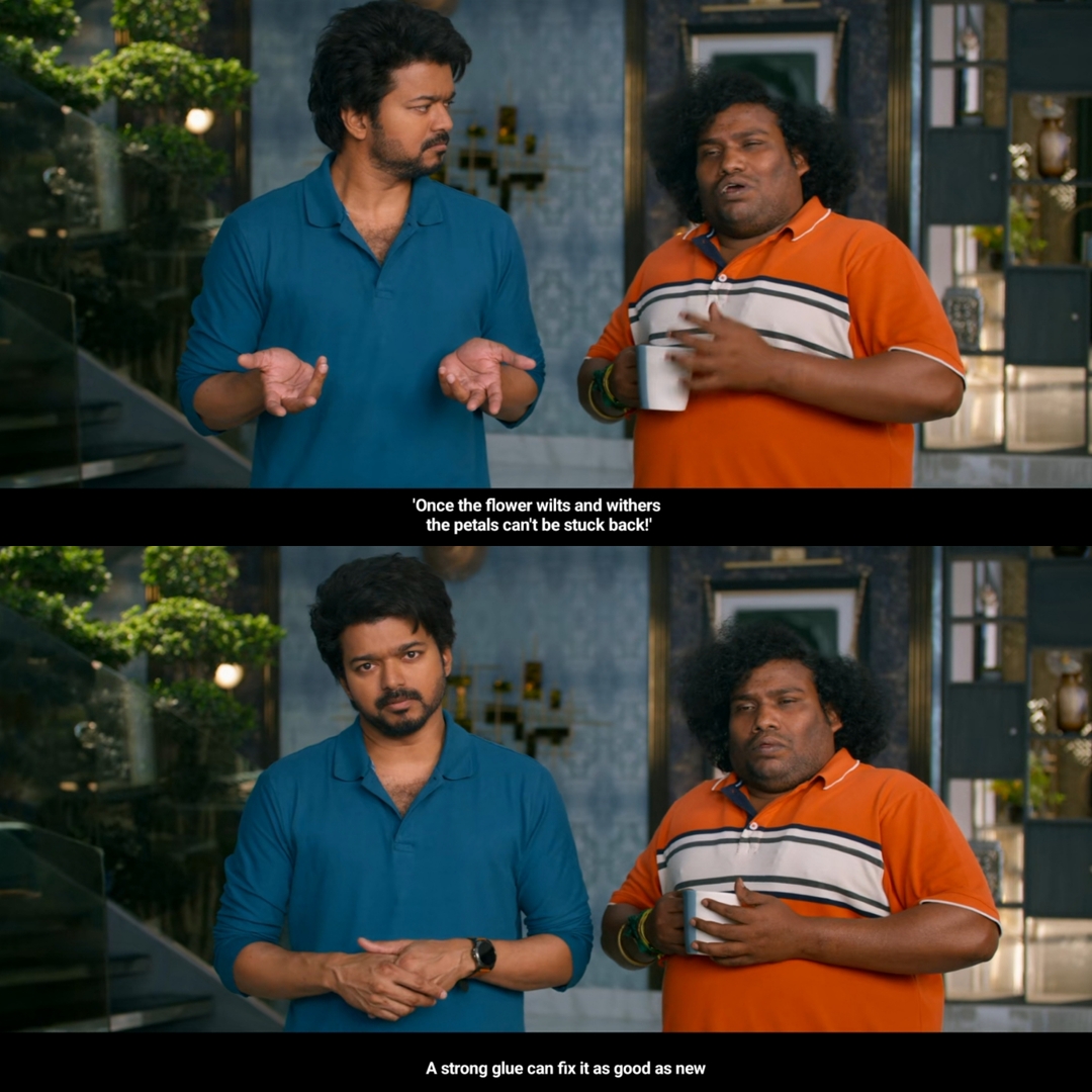 Varisu meme template with Vijay Rajendran (Vijay) with Kicha (Yogi Babu)