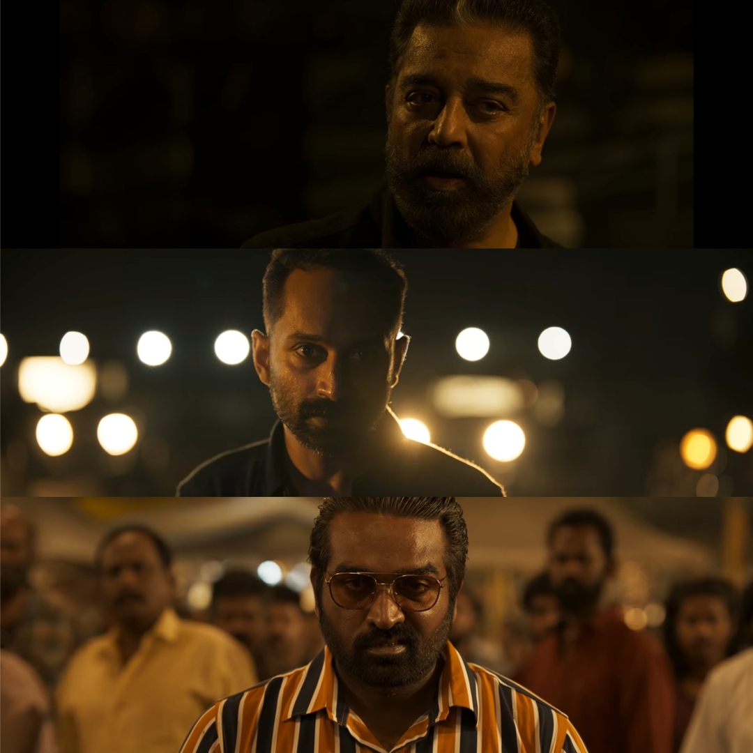 Vikram meme template with Karnan / Arun Kumar Vikram (Kamal Haasan) with Amar (Fahadh Faasil) with Sandhanam (Vijay Sethupathi)