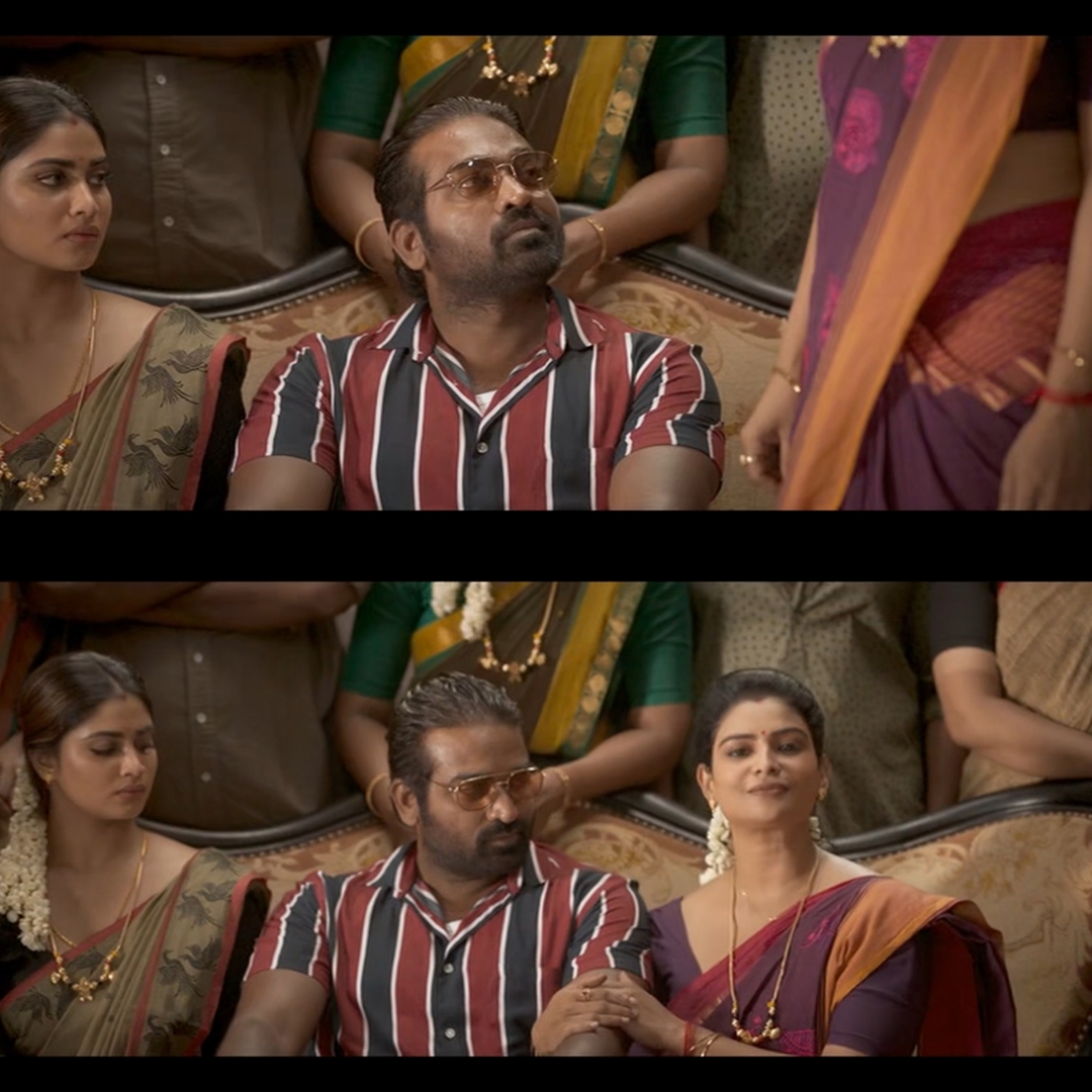 Vikram meme template with Sandhanam (Vijay Sethupathi) with Black Ops Squad member (Shreekumar) with Keykayi (Shivani Narayanan) with Sumitra (Myna Nandhini)