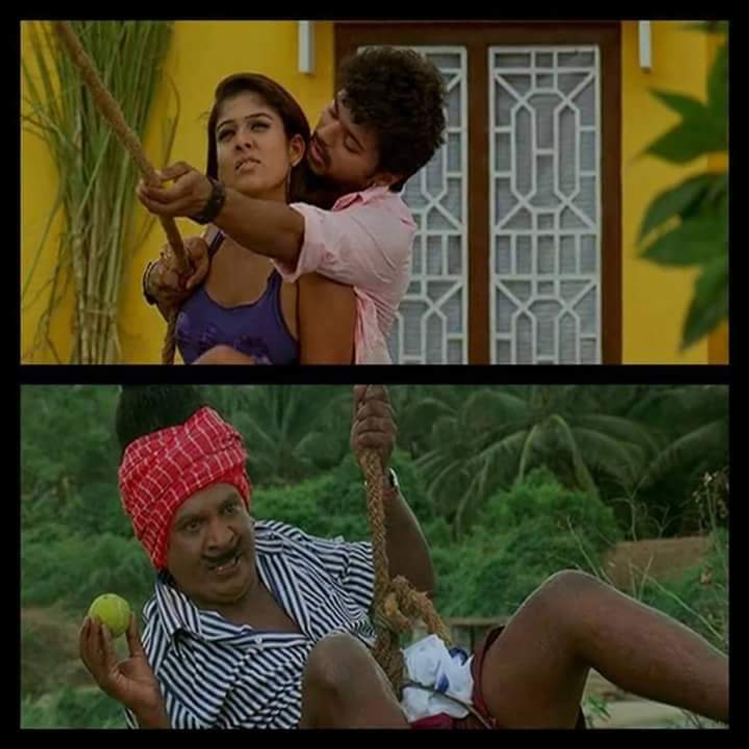 Villu meme template with Pugazh and Major Saravanan (Vijay) with Janavi (Nayanthara) with Maadaswamy (Vadivelu)