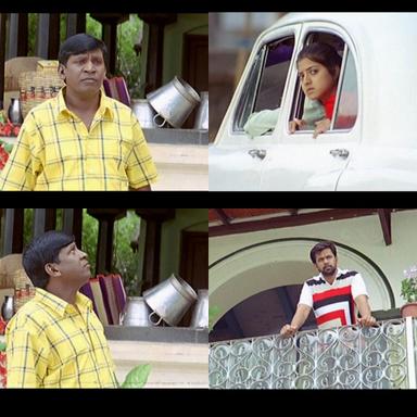 Aanai meme template with  (Arjun Sarja) with  (Keerthi Chawla) with  (Vadivelu)