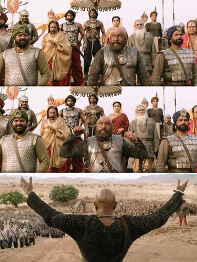 Bāhubali: The Beginning meme template with Sivagami (Ramya Krishnan) with Bijjaladeva (Nassar) with Karikala Kattappa Nadar (Sathyaraj)