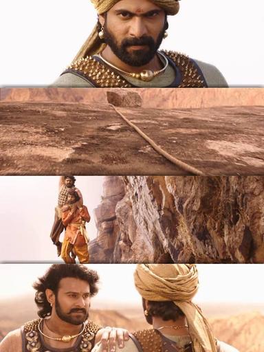 Bāhubali: The Beginning meme template with Sivagami (Ramya Krishnan) with Bijjaladeva (Nassar) with Mahendra "Sivudu" Bāhubali / Amarendra Bāhubali (Prabhas)