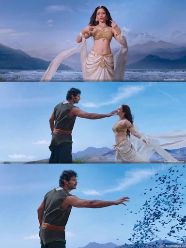 Bāhubali: The Beginning meme template with Mahendra "Sivudu" Bāhubali / Amarendra Bāhubali (Prabhas) with Avanthika (Tamannaah Bhatia)