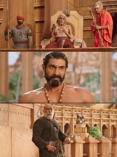 Bāhubali: The Beginning meme template with Karikala Kattappa Nadar (Sathyaraj) with Bhallaladeva (Rana Daggubati)