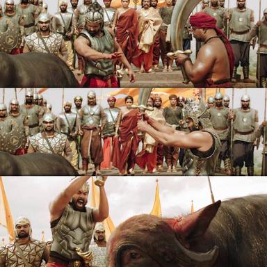 Bāhubali: The Beginning meme template with Sivagami (Ramya Krishnan) with Bijjaladeva (Nassar) with Mahendra "Sivudu" Bāhubali / Amarendra Bāhubali (Prabhas)