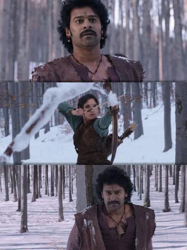 Bāhubali: The Beginning meme template with Mahendra "Sivudu" Bāhubali / Amarendra Bāhubali (Prabhas) with Avanthika (Tamannaah Bhatia)