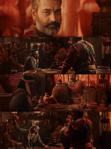 Bāhubali: The Beginning meme template with Sivagami (Ramya Krishnan) with Bijjaladeva (Nassar) with Mahendra "Sivudu" Bāhubali / Amarendra Bāhubali (Prabhas)