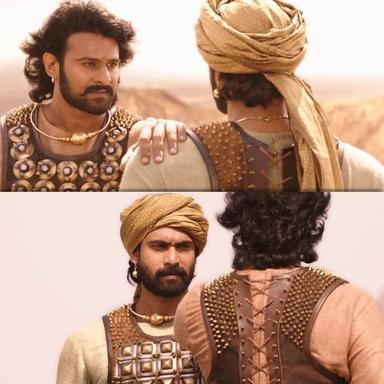 Bāhubali: The Beginning meme template with Mahendra "Sivudu" Bāhubali / Amarendra Bāhubali (Prabhas) with Bhallaladeva (Rana Daggubati)