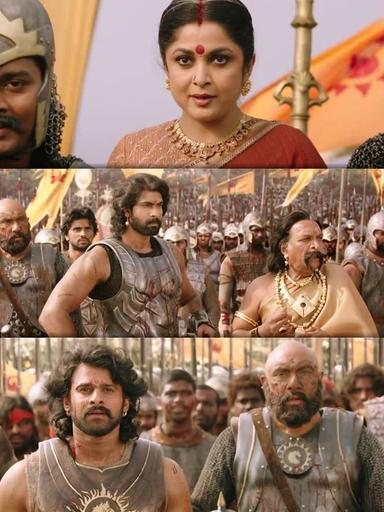 Bāhubali: The Beginning meme template with Mahendra "Sivudu" Bāhubali / Amarendra Bāhubali (Prabhas) with Sivagami (Ramya Krishnan) with Bijjaladeva (Nassar) with Bhallaladeva (Rana Daggubati)