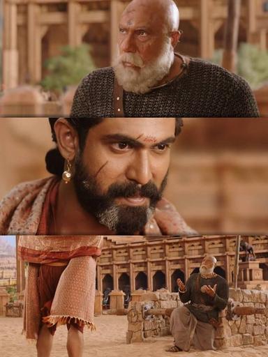 Bāhubali: The Beginning meme template with Karikala Kattappa Nadar (Sathyaraj) with Bhallaladeva (Rana Daggubati)