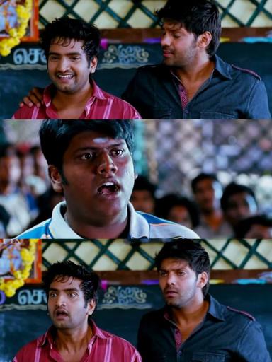 Boss Engira Baskaran meme template with Bhaskaran (Arya) with Nallathambi (Santhanam)