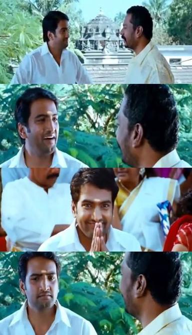 Boss Engira Baskaran meme template with Bhaskaran (Arya) with Nallathambi (Santhanam)