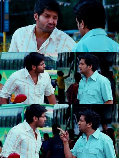 Boss Engira Baskaran meme template with Bhaskaran (Arya) with Nallathambi (Santhanam)