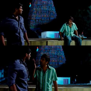 Boss Engira Baskaran meme template with Bhaskaran (Arya) with Nallathambi (Santhanam)