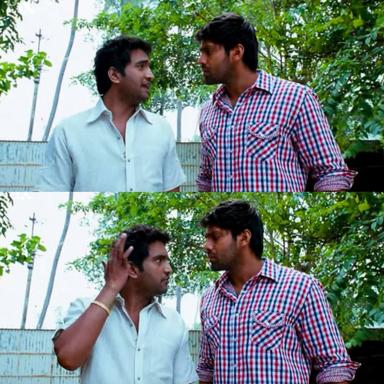 Boss Engira Baskaran meme template with Bhaskaran (Arya) with Nallathambi (Santhanam)