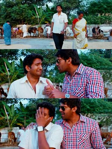 Boss Engira Baskaran meme template with Bhaskaran (Arya) with Nallathambi (Santhanam)