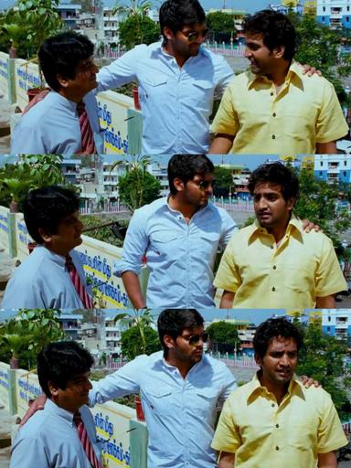 Boss Engira Baskaran meme template with Bhaskaran (Arya) with Nallathambi (Santhanam)