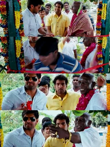 Boss Engira Baskaran meme template with Bhaskaran (Arya) with Nallathambi (Santhanam) with Paalpandi (Kumki Ashwin)