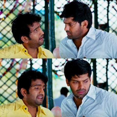 Boss Engira Baskaran meme template with Bhaskaran (Arya) with Nallathambi (Santhanam)