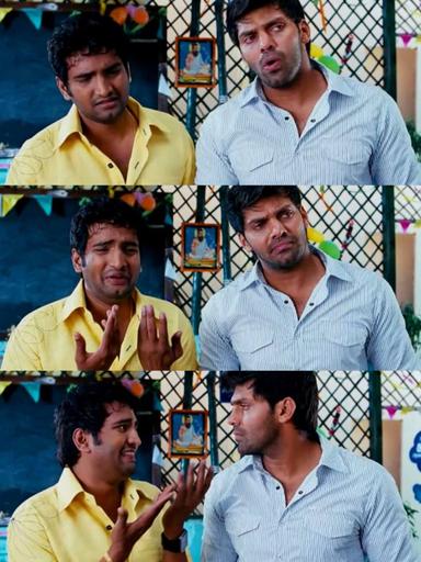 Boss Engira Baskaran meme template with Bhaskaran (Arya) with Nallathambi (Santhanam)