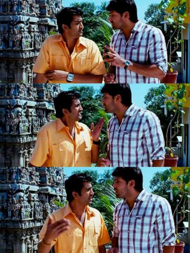 Boss Engira Baskaran meme template with Bhaskaran (Arya) with Nallathambi (Santhanam)